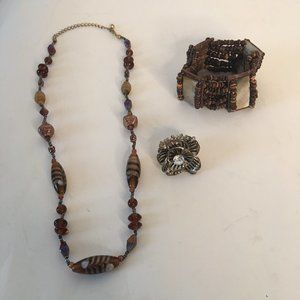 Tri color necklace, Flower ring and beaded bracelet